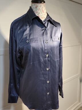 Tess PETITE Classic Navy Silk Button-Up Shirt